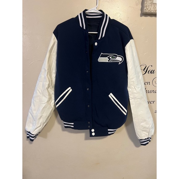 NFL Seattle Seahawks Reversible Fleece Jacket PVC Sleeves Size S 2 front logos - Picture 2 of 14
